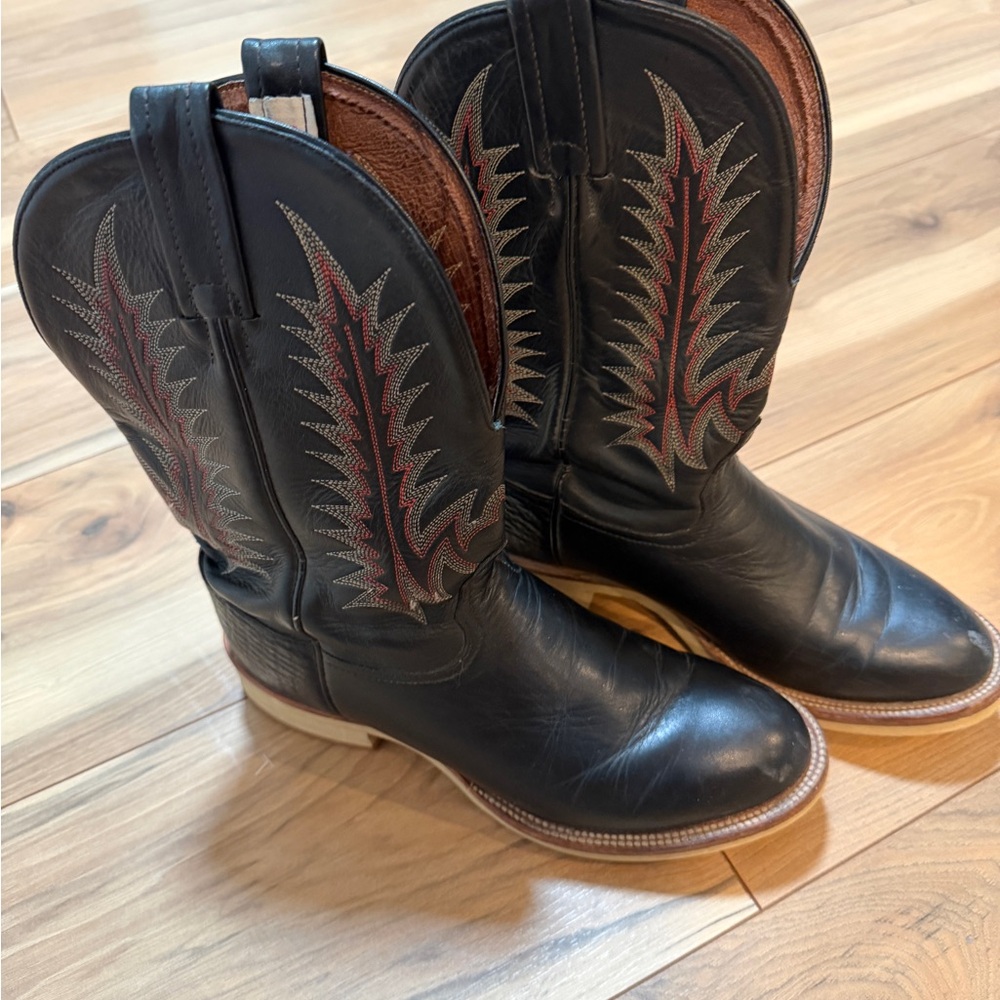 Tony Lama Black Western Cowboy Boots with Red Stitching Size 9